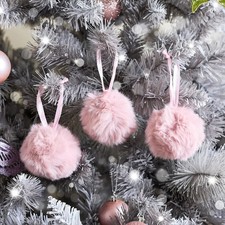 Set Of 3 Blush Furry Pom Pom Baubles Christmas Decorations Festive