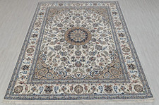 Indo Nain Wool Silk Rug Ivory Cream Medallion High Quality Hand Knotted Rug