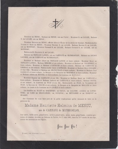 1883 faire part - *1883, décès