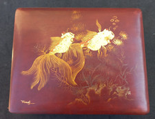 Coffret Boîte Laque à décor de Carpe-Koï Dorées Asie Japon  Signé à identifier