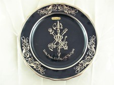 PLAT ASSIETTE FAÏENCE BLEUE COURONNE ROYALE &  MARQUETERIE EN ARGENT MASSIF