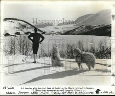 1976 Press Photo Skier & dogs at a lake in Oppdal village in Dovre, Norway
