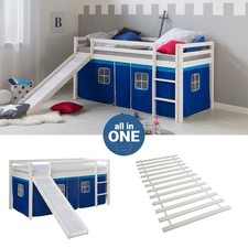 Lit superposé 90x200 Toboggan d'enfant mezzanine Lattes Rideau bleu Homestyle4u
