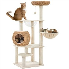 Arbre à Chat en Rotin en Peluche avec Cachette Ronde Perchoir Paniers 137,5 cm