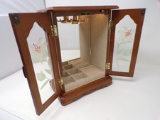 Vtg tall wood jewelry box LIT mirror Asian bamboo style double door armoire 747