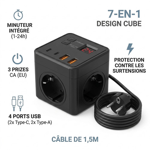 Multiprise cube 1 avec - 7-en-1,
