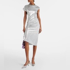 Paco Rabanne silver asymmetric ruched midi dress FR 34/2