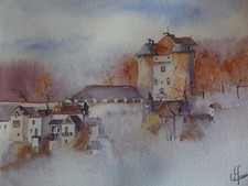 Original watercolor signed landscape of Corrèze "Château de Curemonte"