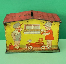 ANTIQUE TOLE LITHOGRAPH PIGGY BANK - DRGM GERMANY - CAR - GAS PUMP