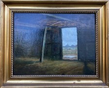 Peinture À L'Huile 19E Siècle Intérieur De Ferme Vue Sur Le Paysage Signée