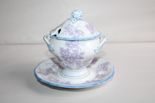 Ancien moutardier en porcelaine, décor fleurettes mauve, Sarreguemines ? 12.5 cm