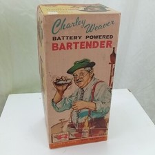 VINTAGE 1962 CHARLEY WEAVER BARTENDER BATTERY POWERED TIN TOY, ROY ROGERS, NICE