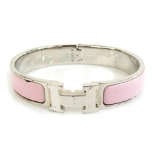 Hermes Clic Clac H Bangle Bracelet Silver Light Pink Enamel Metal Women Size