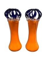 TWO (2) Czech Art Deco Orange Glass Vase w/ Attached Blue Glass Flower MCM