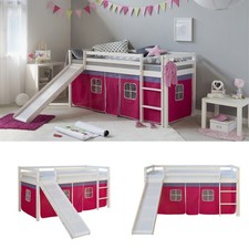 Lit Superposés Mezzanine 90x200 Bois Pin Massif Rideau Rose Toboggan Homestyle4u