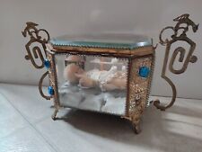 RARE BAPTISM/WEDDING BOX - BEVELED GLASS - WITH VINTAGE WAX BABY.XIXe