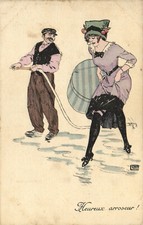PC ARTIST SIGNED, GLAMOUR LADIES, HAPPY SPRINKLER, Vintage Postcard (b50178)