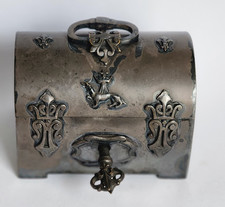 Antique Silver Metal Jewelry Box, Francis I, Fleurs de Lys, with Key