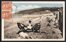 Old postcard Plougasnou, beach scenes with holidaymakers and cabins in the background 