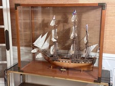 Large Antique Marine Boat 3 Masts Wood Carved Display Case Glass Model Ship