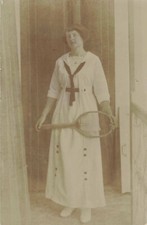 Old postcard photograph circa 1910 young woman tennis woman old tennis racket