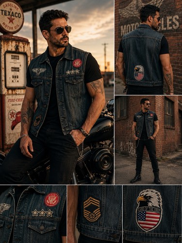 Men denim biker moto - biker, vest