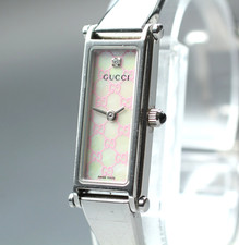 [Exc+5] Vintage GUCCI 1500L 12mm Pink 1P Diamond GG Dial QZ Womens Bangle Watch