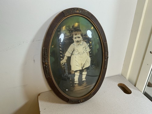 Antique oval bubble glass wood - antique,
