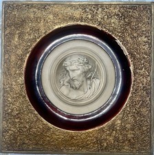 Antique Signed Mattei Christ Thorn Crowned Medallion Relief Plaster Frame »