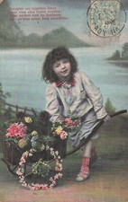 CP LITTLE GIRL WHEELBARROW FLOWERS LAKE MOUNTAINS - 8520
