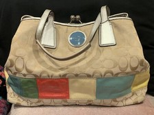 Coach Signature Purse F17444 Beige with Leather Color-block Trim (Lightly Used)