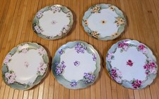 Antique Limoges Floral Plates Set of 5 France B Moem Scalloped Gold Rim 