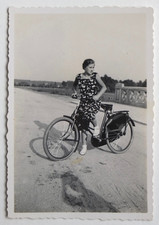 Girl Bike, Floral Dress, Bright Bridge - Old Snapshot Photo, 1935