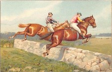 CPA HORSE BEAUTIFUL CPA ILLUSTREE FIGURE TWO JOCKEYS JUMP OBSTACLE (back not divi