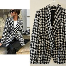 Zara Boucle Blazer Jacket Houndstooth Double Breasted Black White Large 12 14