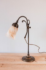 Vintage Art Nouveau Style Brass Desk Lamp Tulip Glass Alabaster