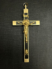 Ancien Crucifix Croix Pendentif en Métal Blanc et Bois Ebène