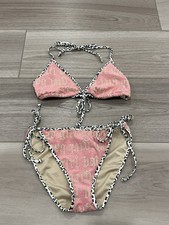 Victorias Secret Metallic "Bad Girl" Leopard Trim Bikini Top & Bottoms M Rare