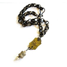 VTG NY Dog tag 1933 medal Pearl necklace upcycled Steampunk chain Artisan 18"