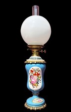 Antique Duplex Oil Lamp Dresden Flowers Celeste Bleu Milk Glass Globe Shade