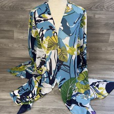 Ulla Popken Blouse Womens 16/18 Kimono Floral Tropical Hawaiian Semi Sheer Blue