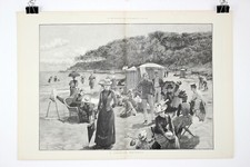 1890 A SEASIDE RETREAT by A. Forestier Double-Page Woodblock Print