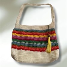 The Sak Vintage 90s Y2K Crochet Shoulder Bag Sack Zip Tote Purse White Red