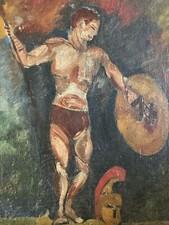 Ancienne Peinture Huile Sur Toile Soldat Romain Casque Dufresne Expressionnisme