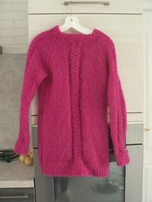 PULL TUNIQUE A TORSADES TRICOTE MAIN FEMME TAILLE 38/40 73% MOHAIR FUSCHIA**+