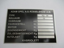 Nameplate plate Opel convertible KP 39 vintage car