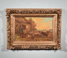 Antique Oil on Canvas Painting of a Farmer & Sheep by Paul Schouten (1860-1922)