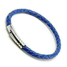 Hommes Cuir Bleu Bracelet Acier Inoxydable Trigger Fermoire 5mm Tressé Cuir
