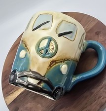 PEACE Sign 60’s VW Look Bus Retro Style Blue Pottery FUN Mug Hippi Boho