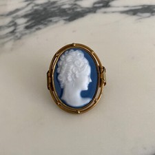 Early 20th century woman profile brooch on blue background by Bijoux Romeo Limoges M2424